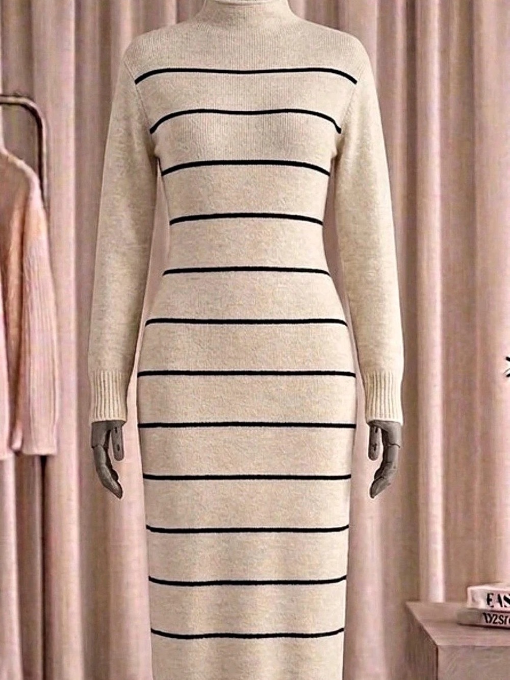 Striped Turtleneck Midi Dress in Beige & Black Like New